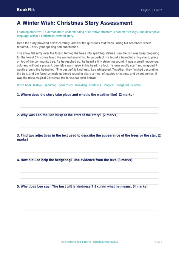 Free Christmas Story Assessment | Year 2 Core | BookFlik worksheet preview — English Christmas Story
