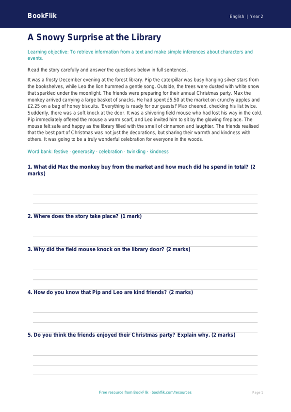 Free Christmas Story Comprehension | Year 2 Core | BookFlik worksheet preview — English Christmas Story