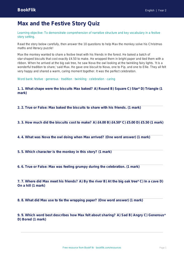 Free Christmas Story Quiz | Year 2 Core | BookFlik worksheet preview — English Christmas Story