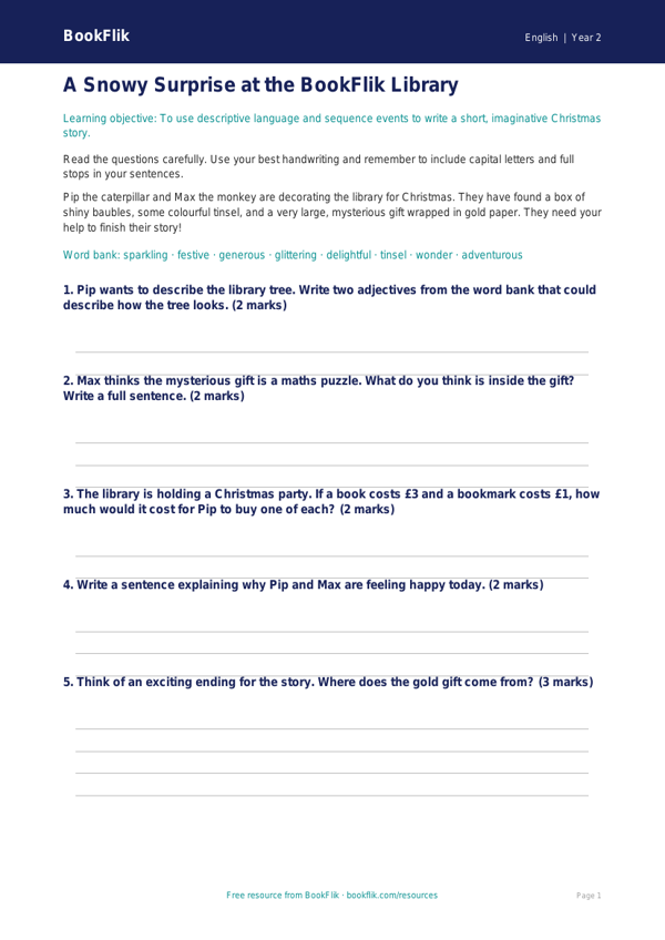 Free Christmas Story Worksheet | Year 2 Core | BookFlik worksheet preview — English Christmas Story
