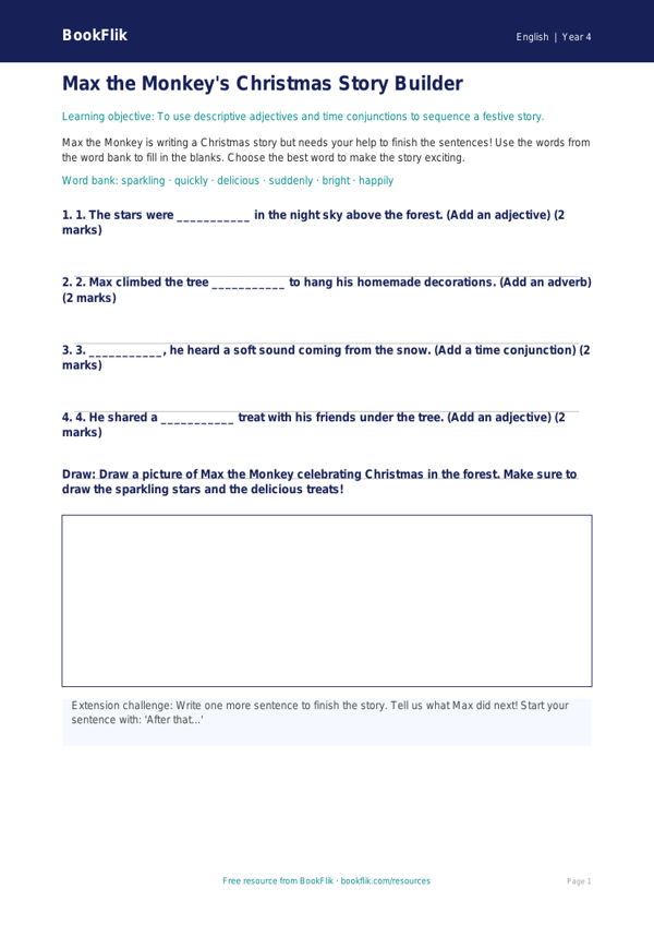 Free Christmas Story Activity Sheet | Year 4 Supported | BookFlik worksheet preview — English Christmas Story