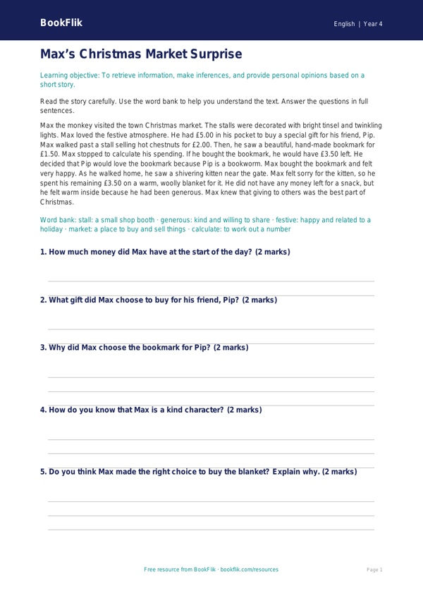 Free Christmas Story Comprehension | Year 4 Supported | BookFlik worksheet preview — English Christmas Story