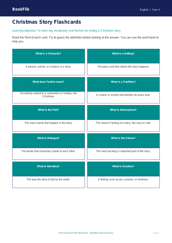 Free Christmas Story Flashcards | Year 4 Supported | BookFlik worksheet preview — English Christmas Story