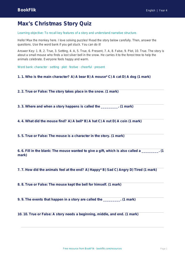 Free Christmas Story Quiz | Year 4 Supported | BookFlik worksheet preview — English Christmas Story
