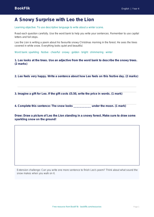 Free Christmas Story Worksheet | Year 4 Supported | BookFlik worksheet preview — English Christmas Story