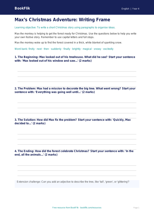 Free Christmas Story Writing Frame | Year 4 Supported | BookFlik worksheet preview — English Christmas Story