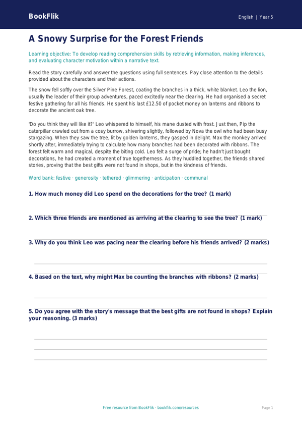 Free Christmas Story Comprehension | Year 5 Core | BookFlik worksheet preview — English Christmas Story