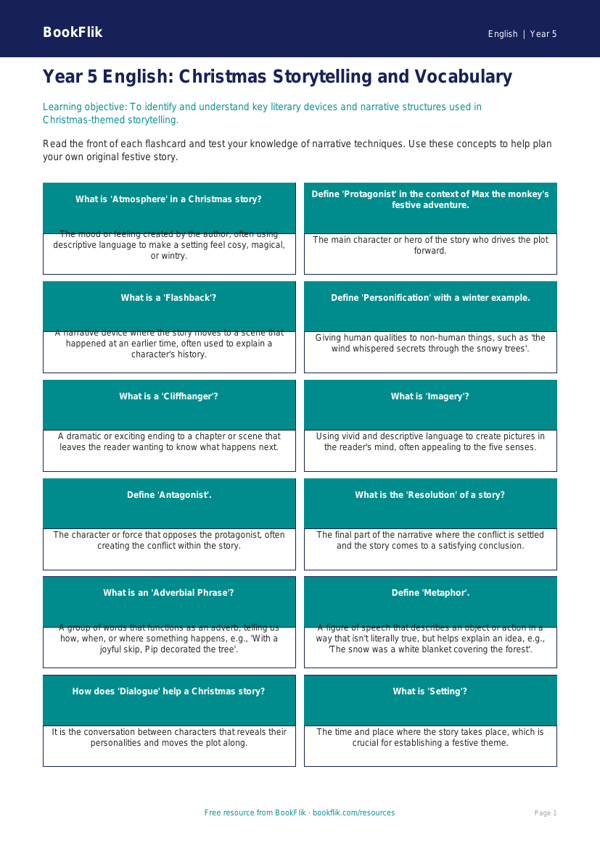 Free Christmas Story Flashcards | Year 5 Core | BookFlik worksheet preview — English Christmas Story