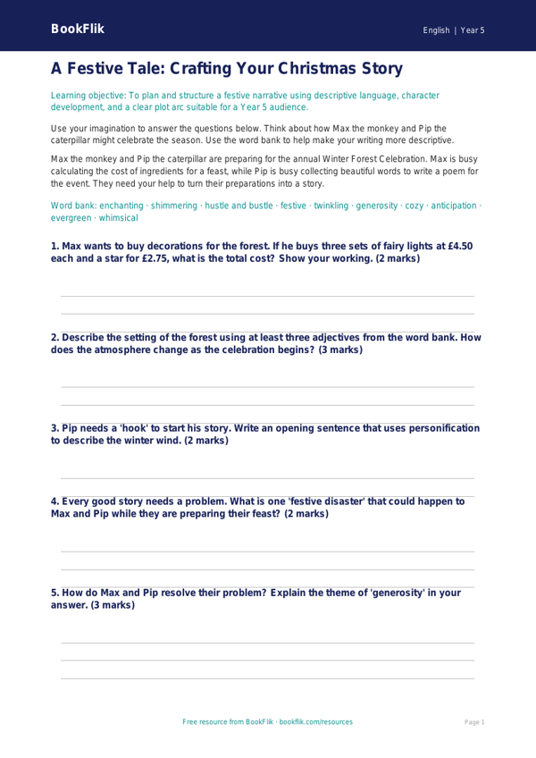 Free Christmas Story Worksheet | Year 5 Core | BookFlik worksheet preview — English Christmas Story