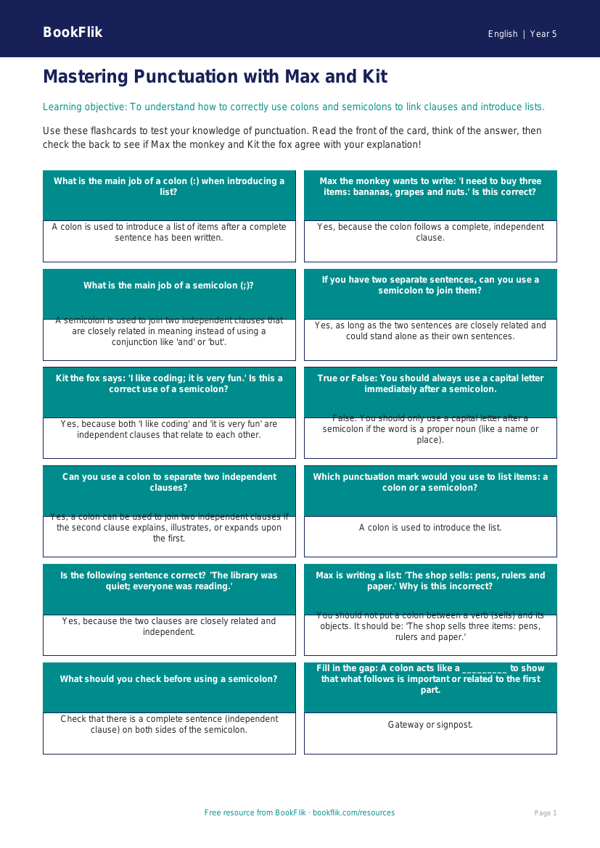 Free Colons And Semicolons Flashcards | Year 5 Core | BookFlik worksheet preview — English Colons And Semicolons