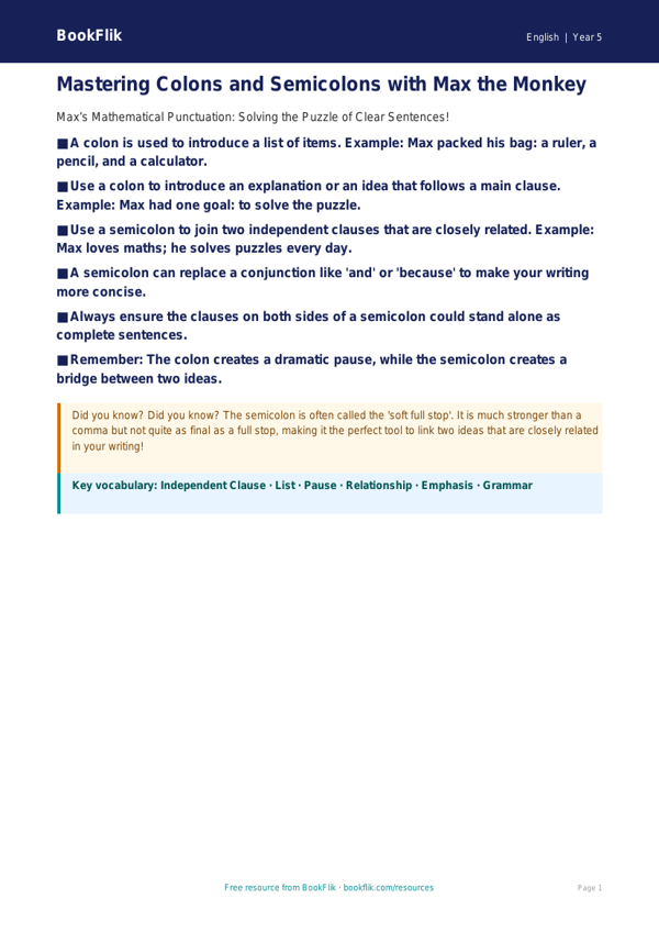 Free Colons And Semicolons Poster | Year 5 Core | BookFlik worksheet preview — English Colons And Semicolons