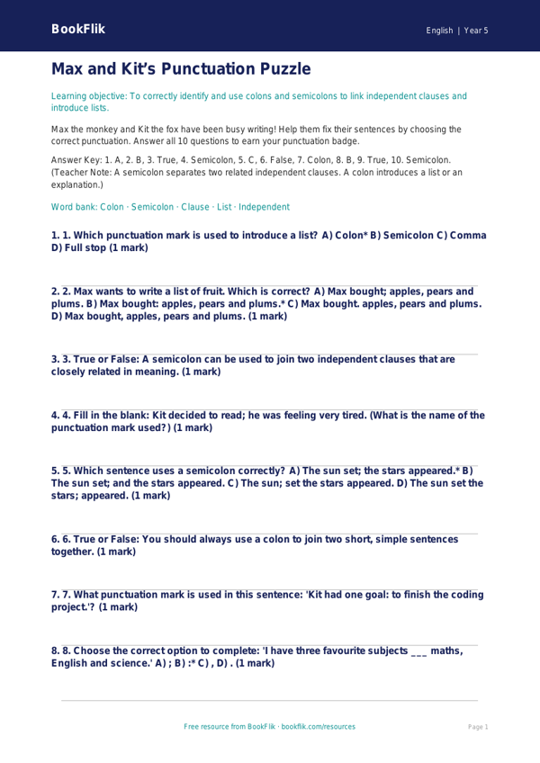 Free Colons And Semicolons Quiz | Year 5 Core | BookFlik worksheet preview — English Colons And Semicolons