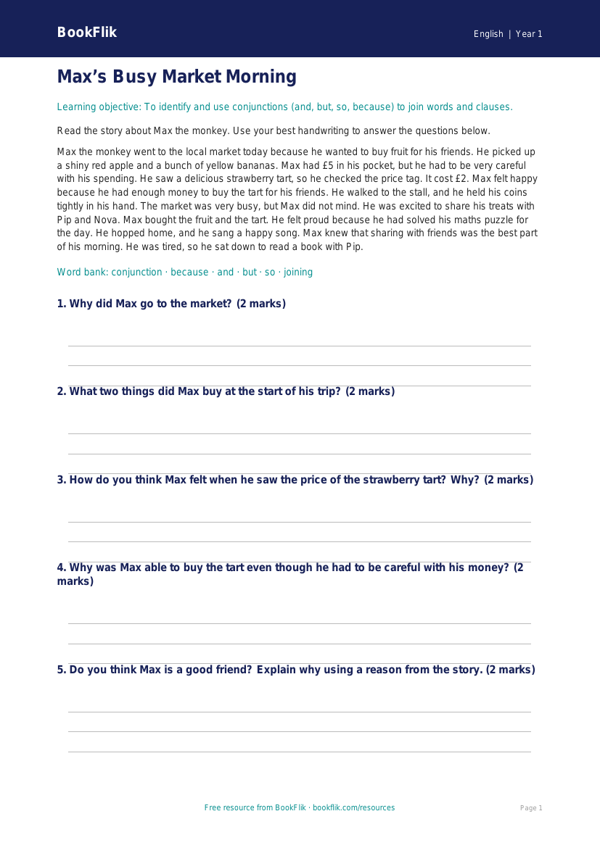 Free Conjunctions Comprehension | Year 1 Core | BookFlik worksheet preview — English Conjunctions