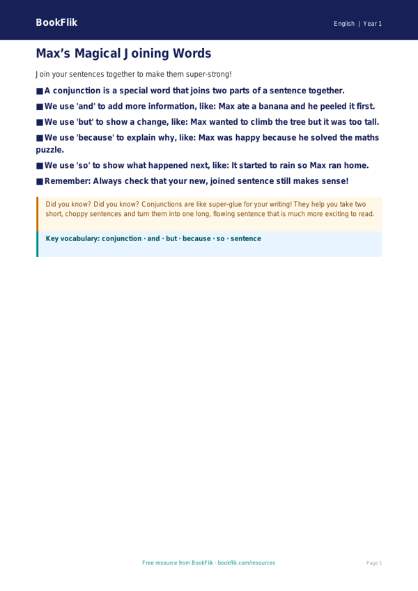Free Conjunctions Poster | Year 1 Core | BookFlik worksheet preview — English Conjunctions