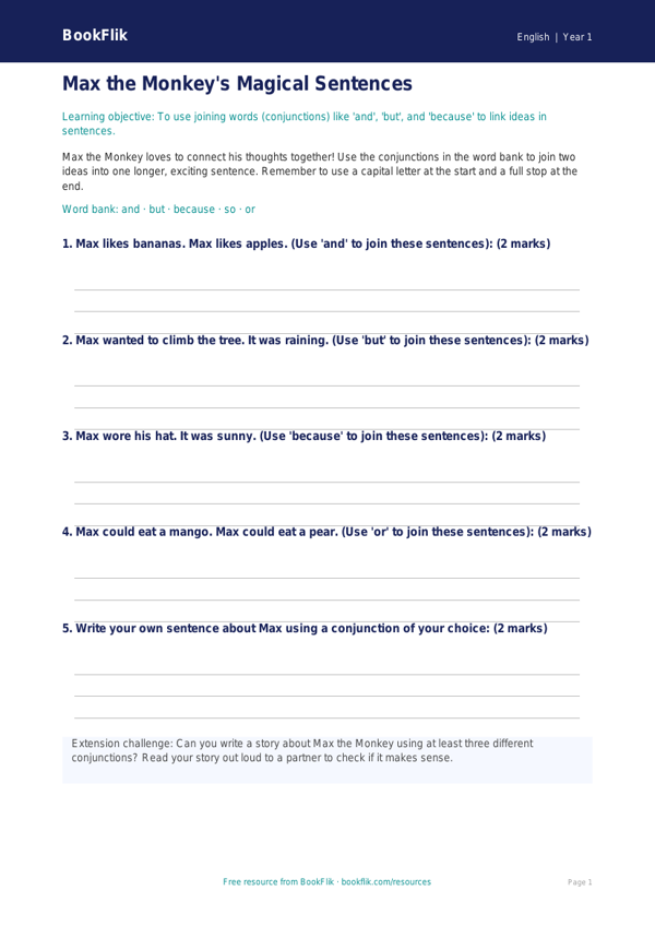 Free Conjunctions Worksheet | Year 1 Grammar Practice | BookFlik worksheet preview — English Conjunctions
