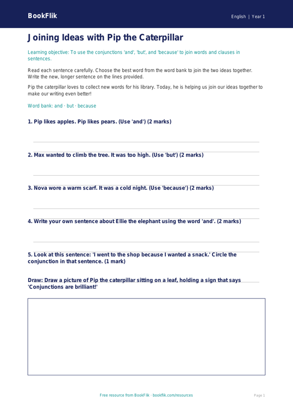 Free Conjunctions Worksheet | Year 1 Core | BookFlik worksheet preview — English Conjunctions