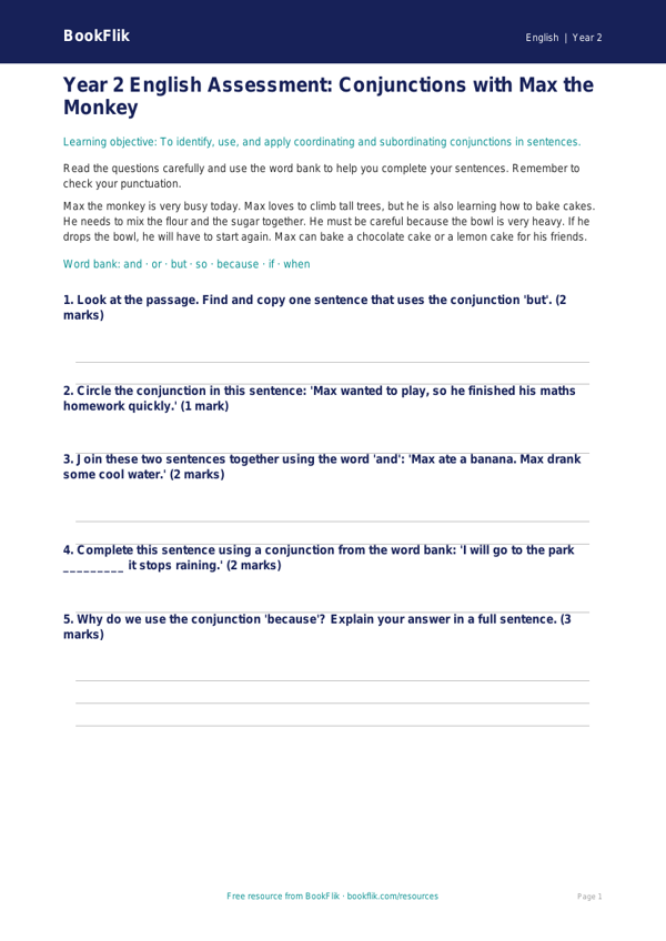Free Conjunctions Assessment | Year 2 Core | BookFlik worksheet preview — English Conjunctions