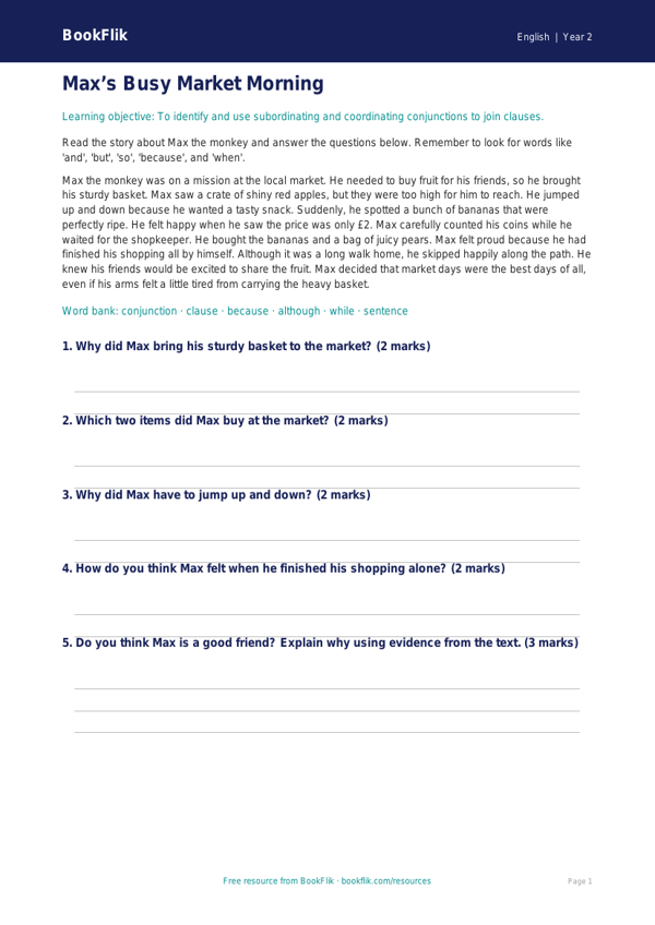 Free Conjunctions Comprehension | Year 2 Core | BookFlik worksheet preview — English Conjunctions