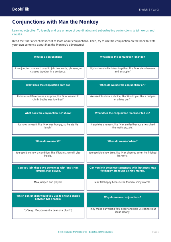 Free Conjunctions Flashcards | Year 2 Core | BookFlik worksheet preview — English Conjunctions