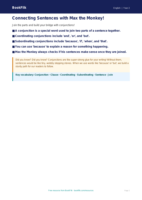 Free Conjunctions Poster | Year 2 Core | BookFlik worksheet preview — English Conjunctions