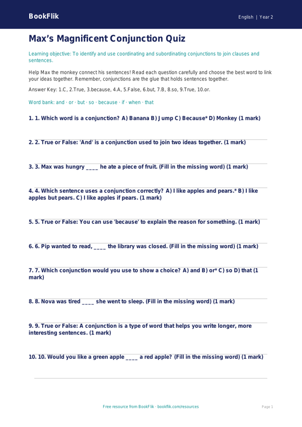 Free Conjunctions Quiz | Year 2 Core | BookFlik worksheet preview — English Conjunctions