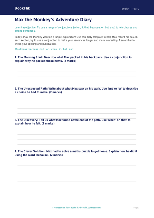 Free Conjunctions Template | Year 2 Core | BookFlik worksheet preview — English Conjunctions