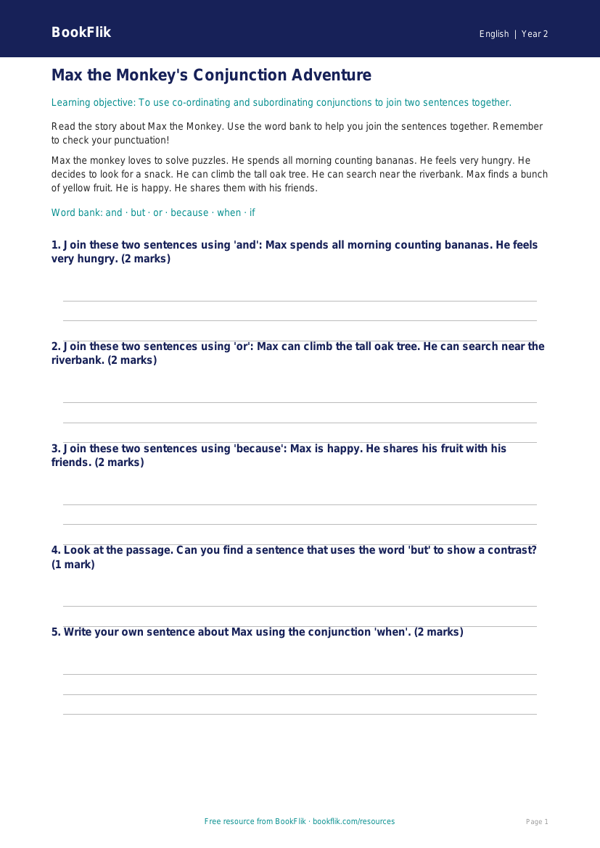 Free Conjunctions Practice Worksheet | Year 2 Grammar | BookFlik worksheet preview — English Conjunctions
