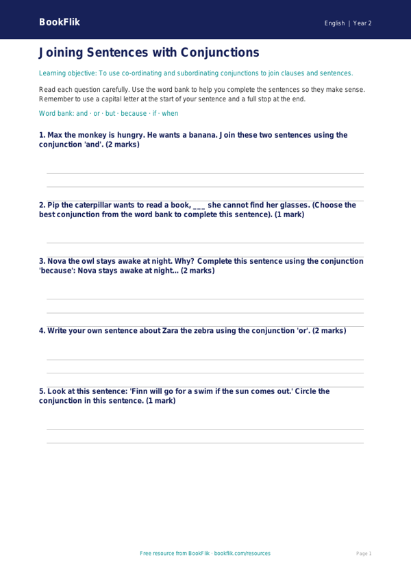 Free Conjunctions Worksheet | Year 2 Core | BookFlik worksheet preview — English Conjunctions