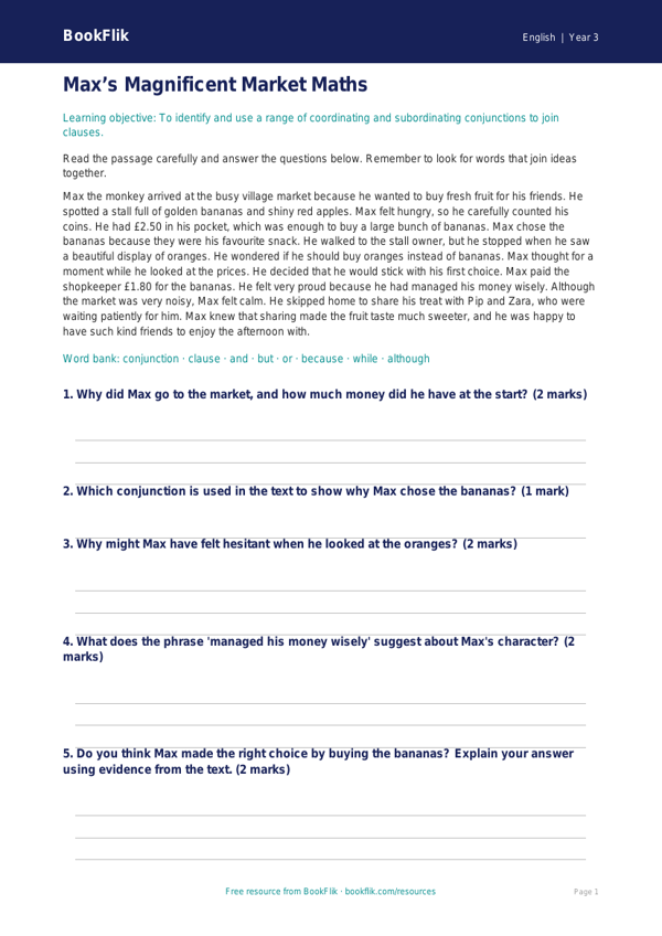 Free Conjunctions Comprehension | Year 3 Core | BookFlik worksheet preview — English Conjunctions