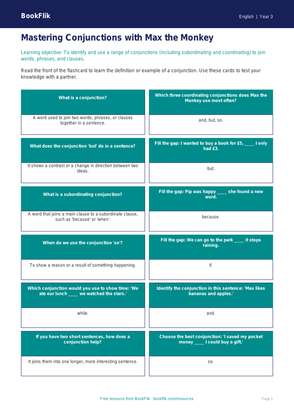 Free Conjunctions Flashcards | Year 3 Core | BookFlik worksheet preview — English Conjunctions