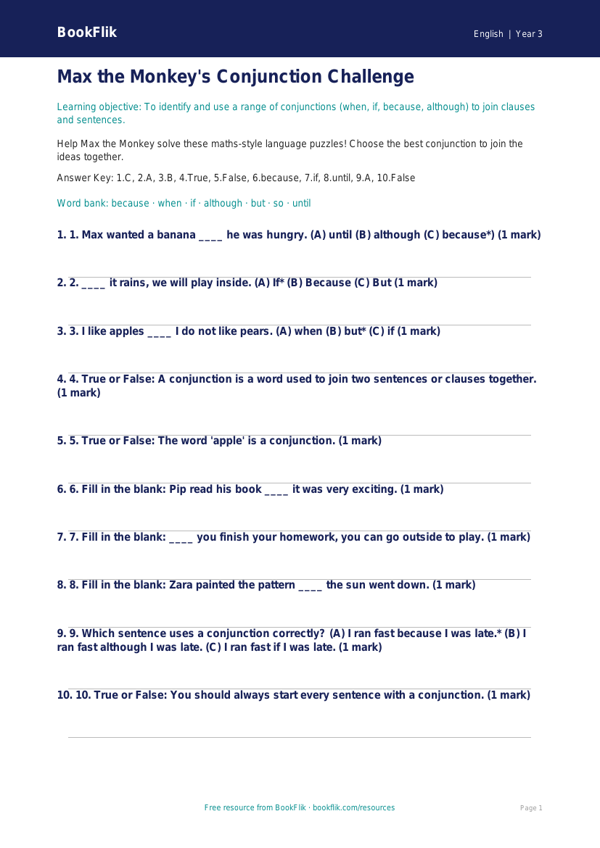 Free Conjunctions Quiz | Year 3 Core | BookFlik worksheet preview — English Conjunctions