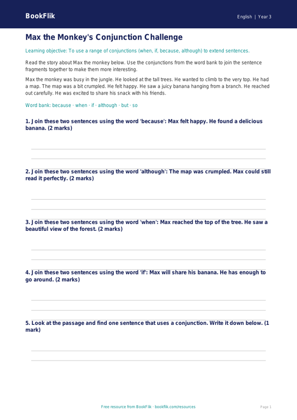 Free Conjunctions Practice Worksheet | Year 3 Grammar | BookFlik worksheet preview — English Conjunctions