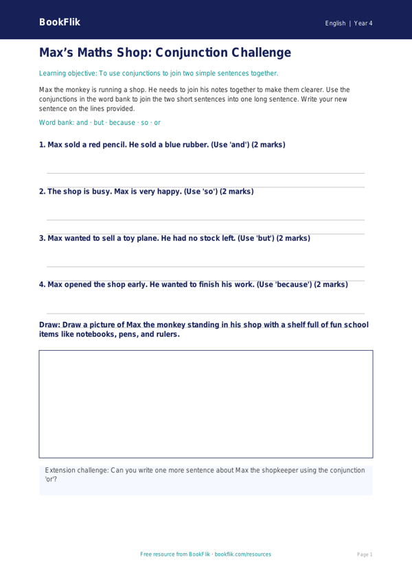 Free Conjunctions Activity Sheet | Year 4 Supported | BookFlik worksheet preview — English Conjunctions