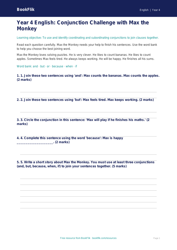 Free Conjunctions Assessment | Year 4 Supported | BookFlik worksheet preview — English Conjunctions