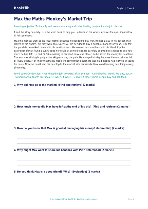 Free Conjunctions Comprehension | Year 4 Supported | BookFlik worksheet preview — English Conjunctions