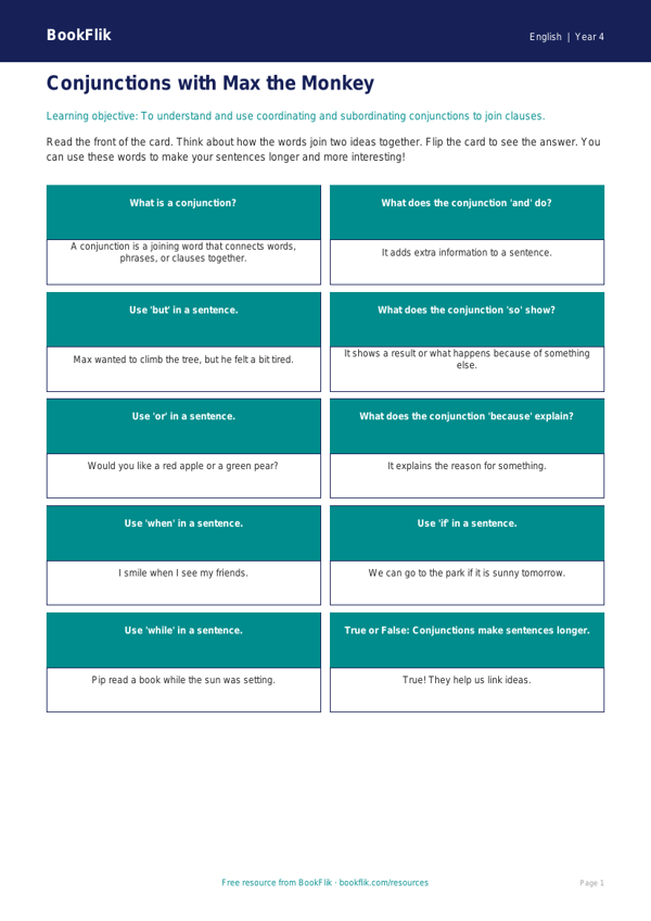 Free Conjunctions Flashcards | Year 4 Supported | BookFlik worksheet preview — English Conjunctions