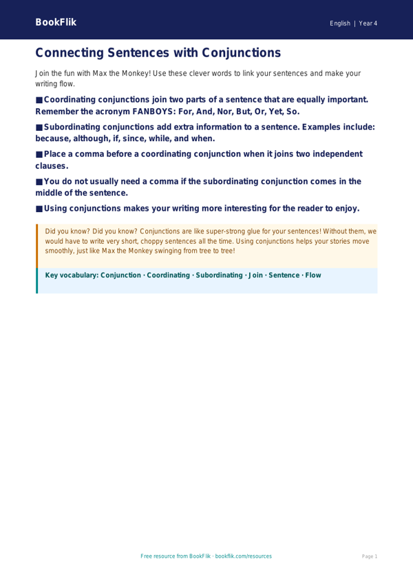 Free Conjunctions Poster | Year 4 Supported | BookFlik worksheet preview — English Conjunctions