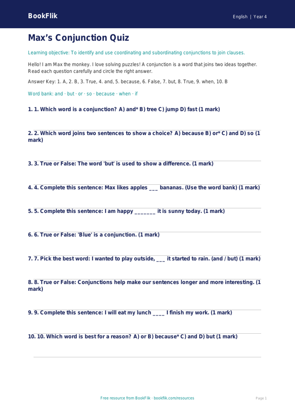 Free Conjunctions Quiz | Year 4 Supported | BookFlik worksheet preview — English Conjunctions