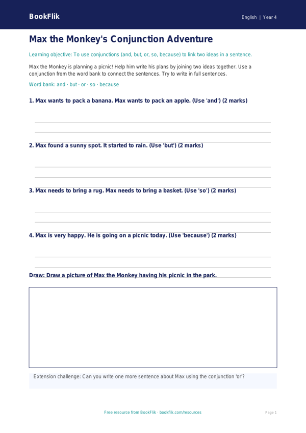 Free Conjunctions Template | Year 4 Supported | BookFlik worksheet preview — English Conjunctions