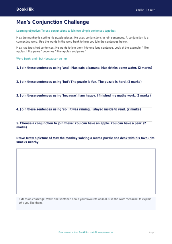 Free Conjunctions Worksheet | Year 4 Supported | BookFlik worksheet preview — English Conjunctions