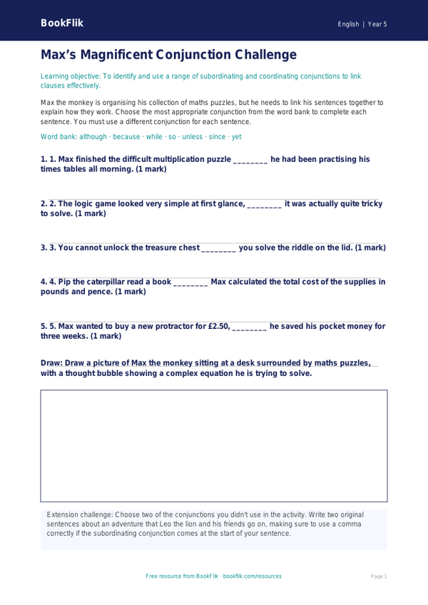 Free Conjunctions Activity Sheet | Year 5 Core | BookFlik worksheet preview — English Conjunctions