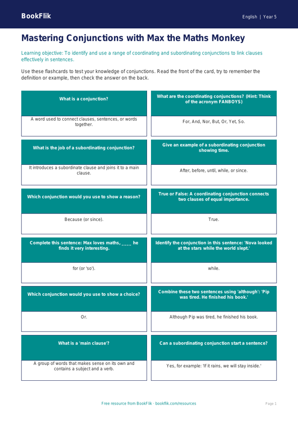 Free Conjunctions Flashcards | Year 5 Core | BookFlik worksheet preview — English Conjunctions