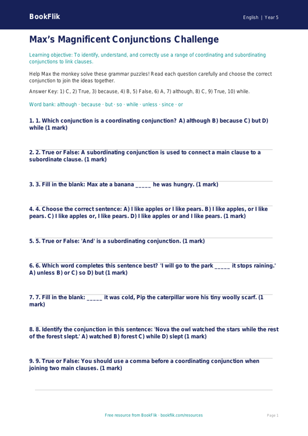 Free Conjunctions Quiz | Year 5 Core | BookFlik worksheet preview — English Conjunctions