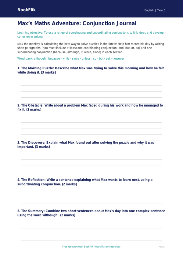 Free Conjunctions Template | Year 5 Core | BookFlik worksheet preview — English Conjunctions