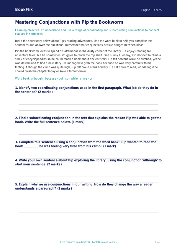 Free Conjunctions Track Sheet | Year 5 Core | BookFlik worksheet preview — English Conjunctions