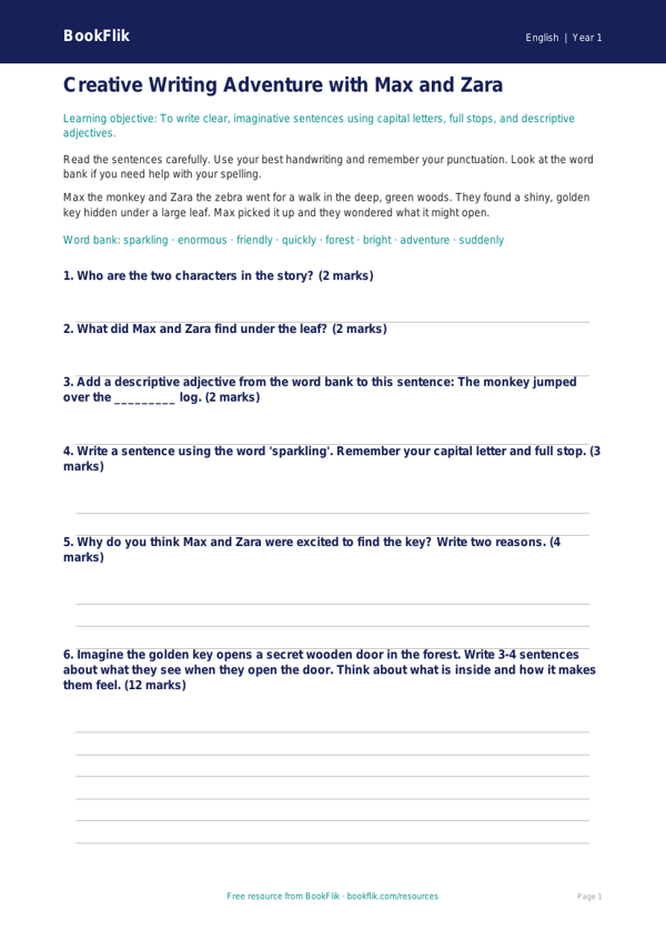 Free Creative Writing Assessment | Year 1 Core | BookFlik worksheet preview — English Creative Writing