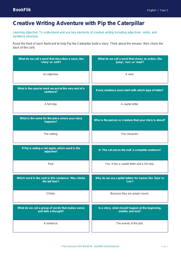 Free Creative Writing Flashcards | Year 1 Core | BookFlik worksheet preview — English Creative Writing