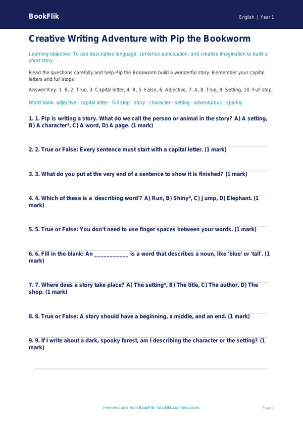 Free Creative Writing Quiz | Year 1 Core | BookFlik worksheet preview — English Creative Writing
