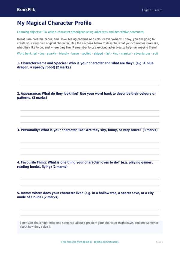 Free Creative Writing Template | Year 1 Core | BookFlik worksheet preview — English Creative Writing