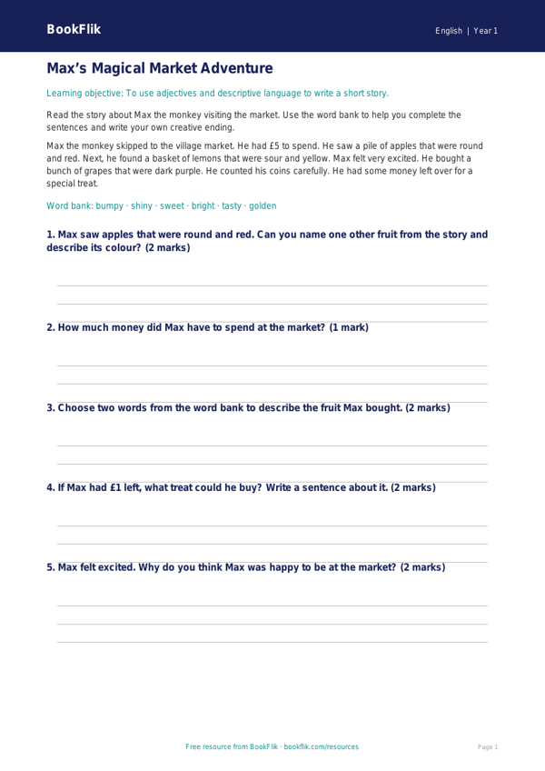Free Creative Writing Track Sheet | Year 1 Core | BookFlik worksheet preview — English Creative Writing